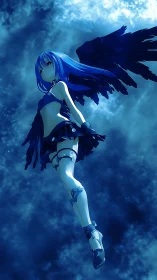 Blue-haired angelic warrior ascends through a stormy sky.