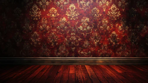 Vintage damask wall with warm hardwood floor baseboard.