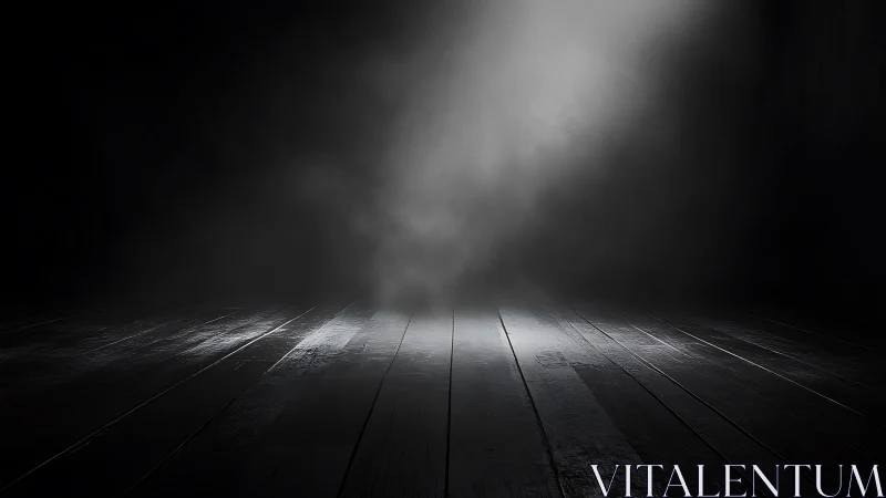 Directional spotlight illuminates smoky wooden floor plane in darkness
