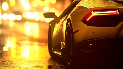 Sleek yellow supercar glows against a rain-soaked city night