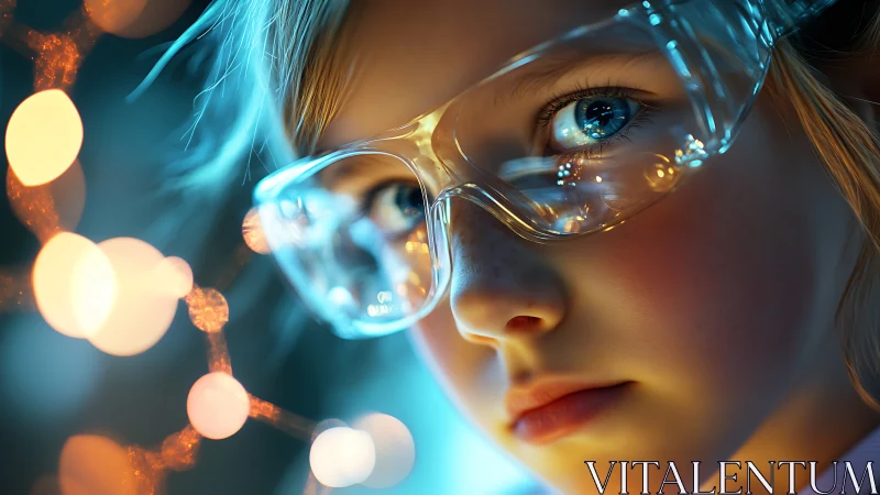 Curious child in safety glasses studies glowing science model