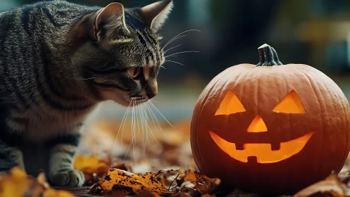 Tabby Cat Examining Glowing Jack-O'-Lantern Pumpkin