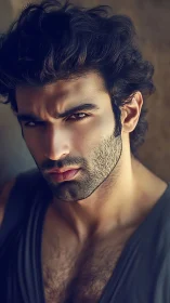 Intense male portrait in warm cinematic close-up lighting.