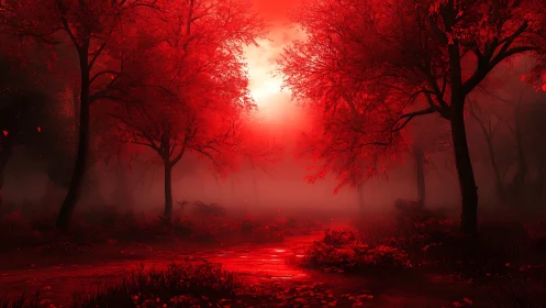 Crimson forest corridor under glowing central sun portal.