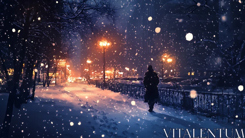Solitary figure crossing snowy city street at nightfall.
