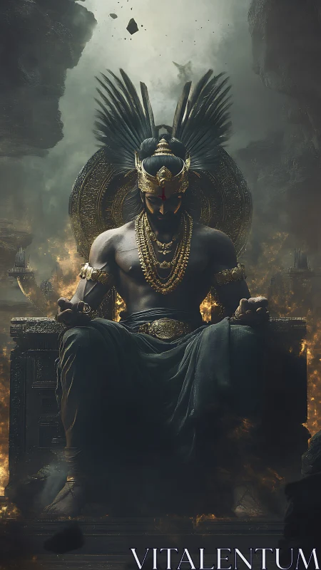 Winged warlord enthroned amid volcanic ruin and radiant gold.