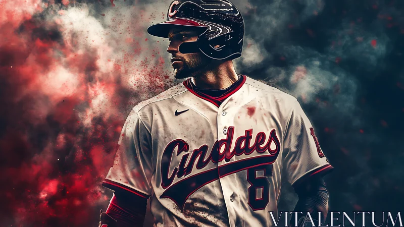 Baseball player in white jersey amidst smoky backdrop.