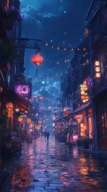 Rainy lantern street at night with reflective wet pavements.