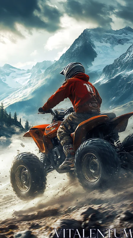 Rider maneuvers quad bike across rocky terrain below mountains