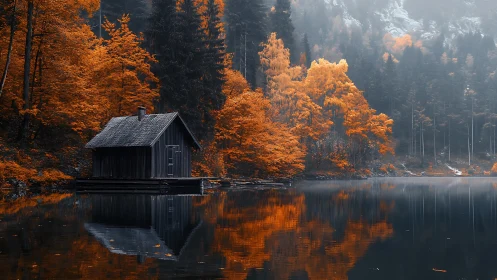Photorealistic lakeside cabin amid high-contrast autumn forest.