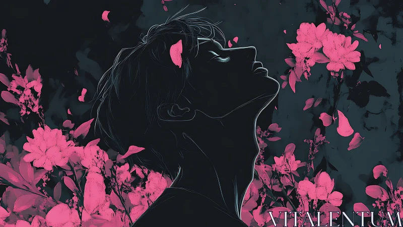 Silhouetted person in profile surrounded by pink flowers
