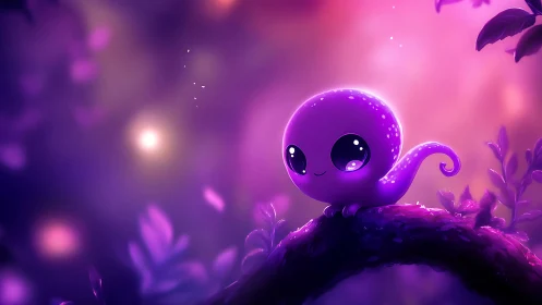 Glowing lilac alien creature perched in dreamy neon forest.