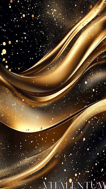 Liquid gold waves flow across deep black cosmic field.