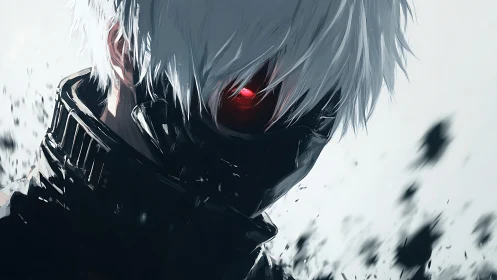 Masked white haired figure with glowing red cybernetic eye.