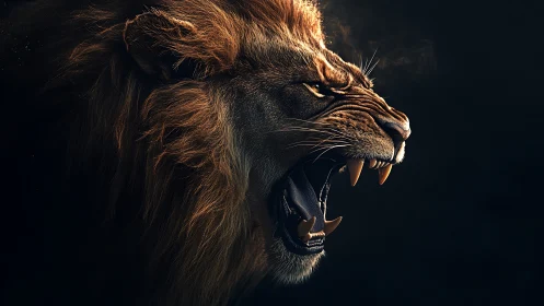Roaring lion head in dramatic side profile on black background.