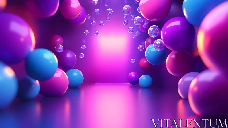 Chromatic sphere corridor with volumetric neon bounce lighting.