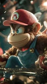 Cartoon monkey in red cap and overalls rendered in 3D