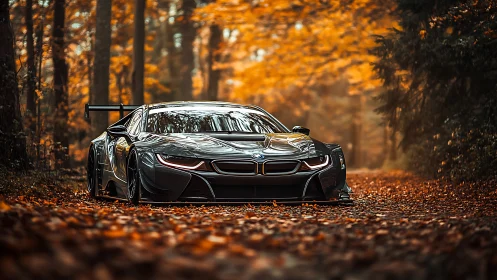 Carbon-fiber sports car framed by cinematic autumn forest.