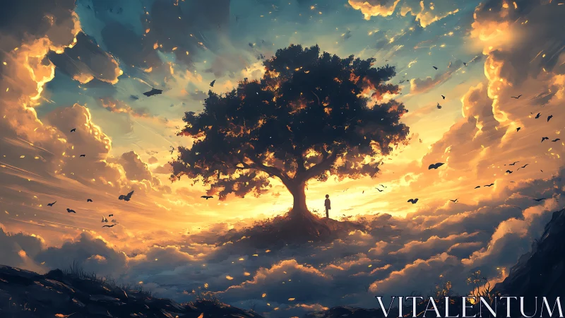 Sunset dream tree welcomes a quiet skyward wanderer