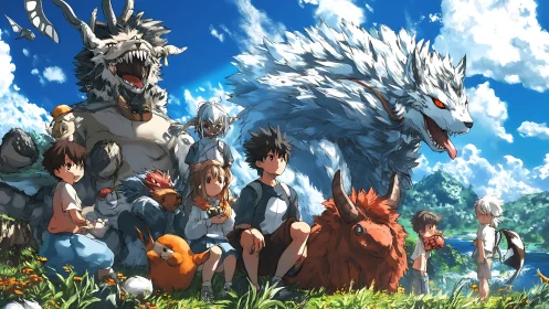 Children rest with colossal fantasy beasts under bright sky