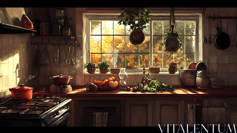 Sunlit rustic kitchen with herbs, produce, and autumn window.