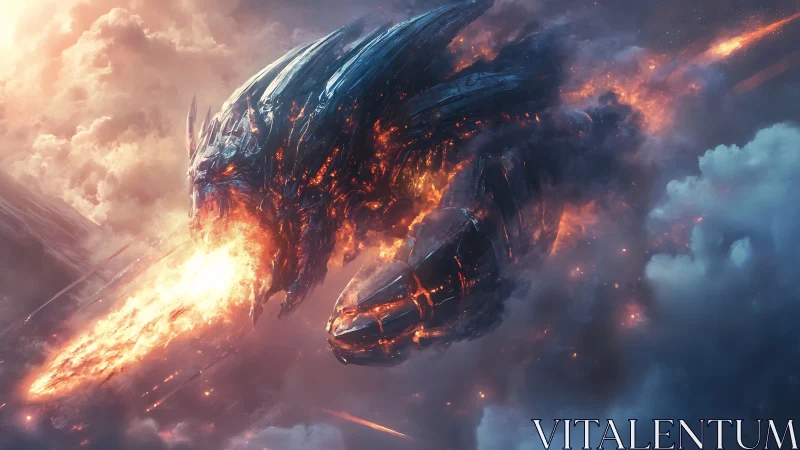 Molten sky serpent breathing fire through stormy clouds.