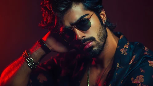 Moody portrait showcases stylish man under neon lighting.