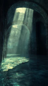 Sunlit flooded stone arches in a shadowed corridor.