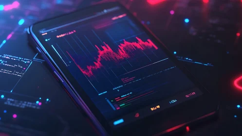 Mobile market analytics dashboard with neon data waveform.