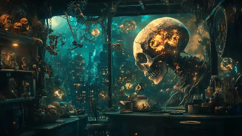 Colossal burning skull over necromantic city laboratory.