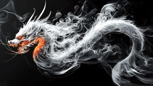Smoke-born dragon coils in flame-lit storm of white fire.