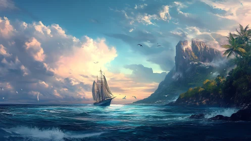 Tall ship crossing tropical bay under luminous sunset sky.