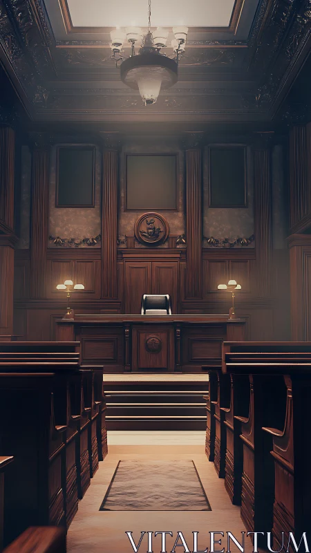 Grand empty courtroom waits under warm, solemn light.