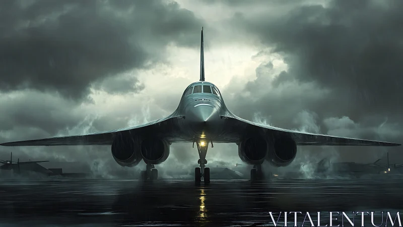 Supersonic delta‑wing jet on rain‑soaked runway at dusk