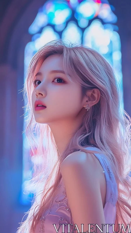 Ethereal woman glows in pastel light before stained glass.