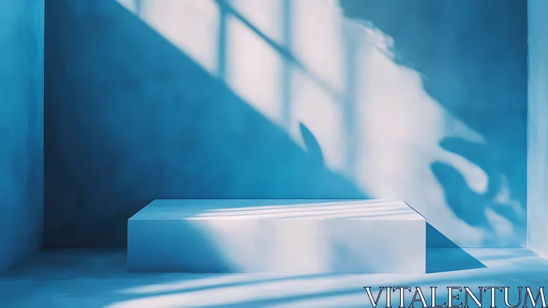 Minimalist blue interior with rectangular plinth and window light