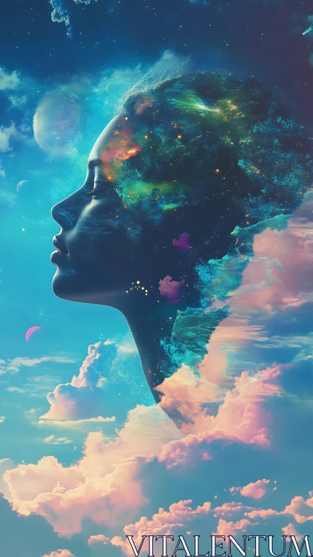 Silhouetted human profile merged with nebula and sky clouds.