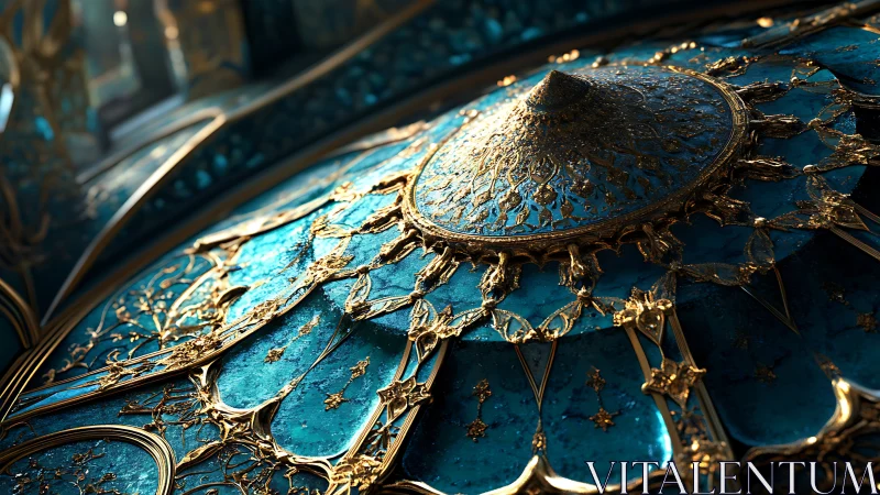 Turquoise domed ceiling with ornate radial gold filigree.