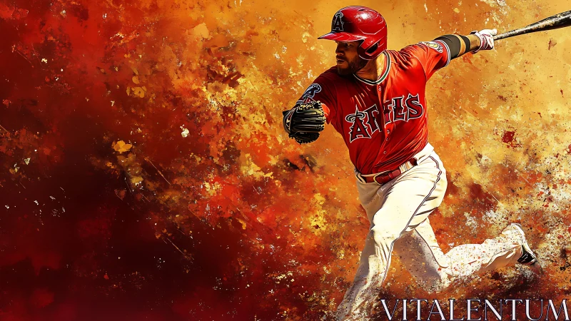 Baseball batter in red uniform against abstract orange field.