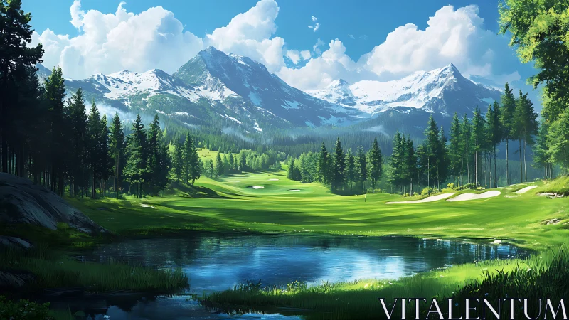 Sunny mountain golf course wrapped in peaceful pine forest.