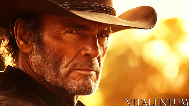 Weathered cowboy portrait in golden hour rim lighting closeup
