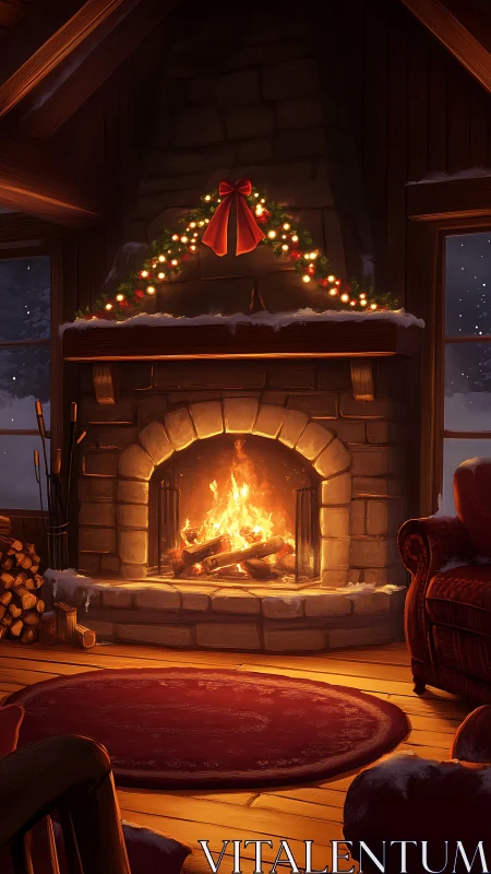 Stone fireplace burns brightly in decorated log cabin room