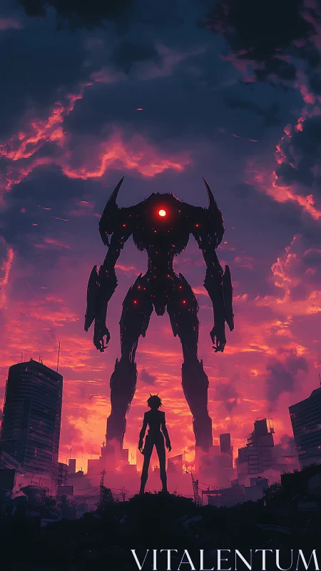 Colossal mech silhouette dominates neon storm horizon.