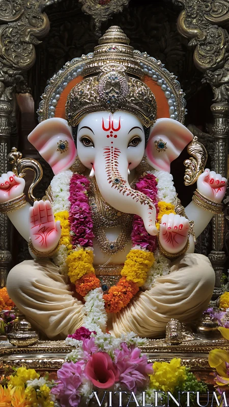 Gilded Ganesh idol with floral garlands in ornate shrine.