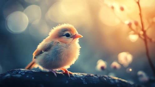 Fluffy baby bird in dreamy sunlight, soft focus nature photography.