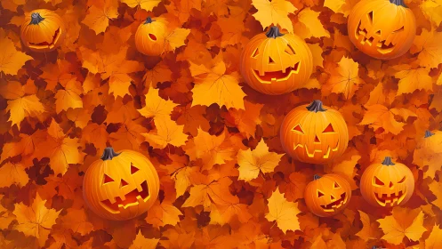 Playful jack o lantern friends resting in cozy autumn leaves.