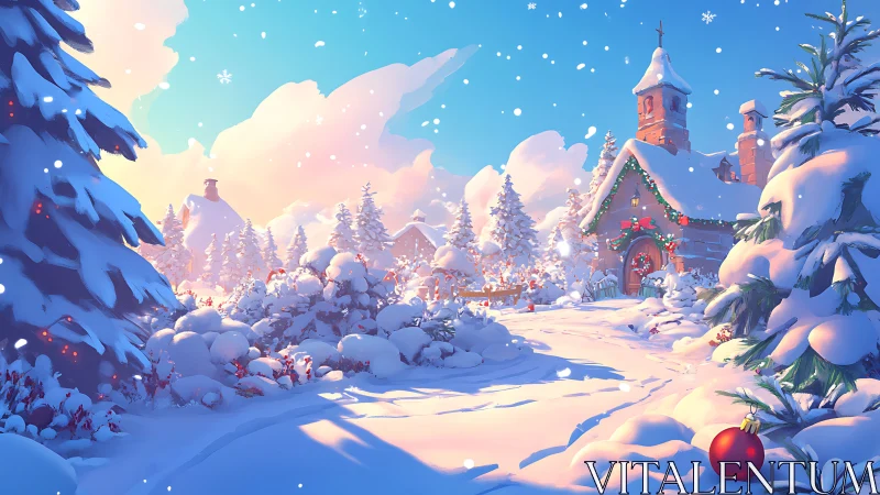 Snowy village chapel under bright winter sunrise glow.