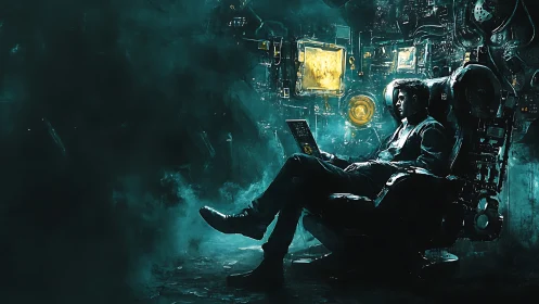 Solitary hacker drifts in neon cyberpunk control chamber