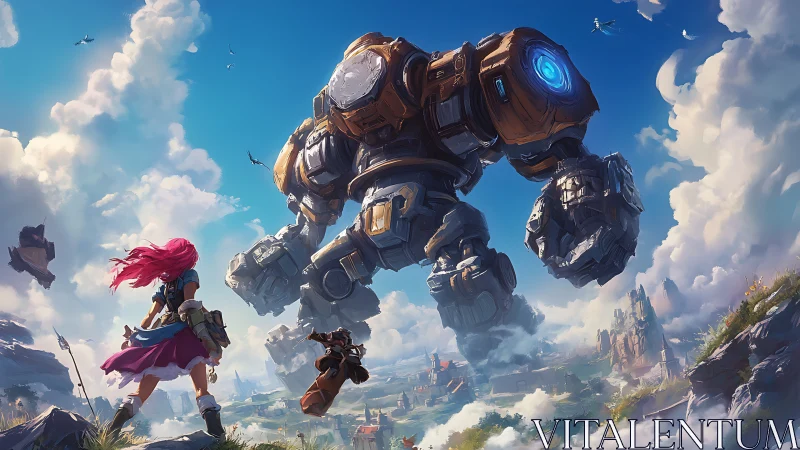 Giant steampunk mech confronts two adventurers in open sky