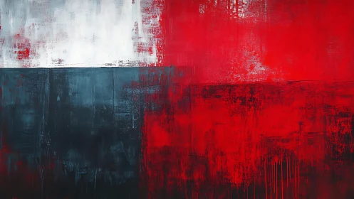 Bold Abstract Painting in Red, Black, and White Color Blocks.
